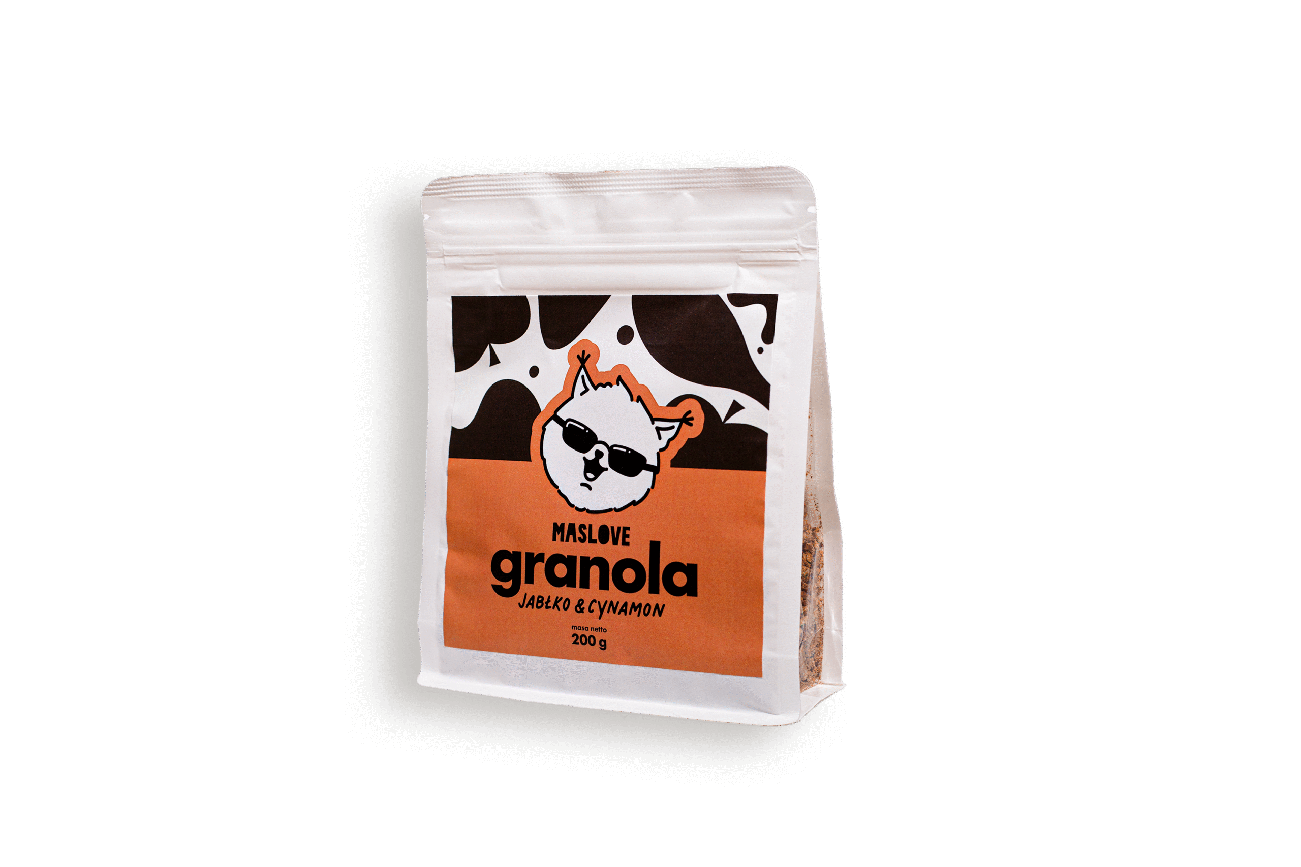 opakowanie papierowe typu doypack przedstawiające gotowy produkt- granolę o smaku jabłka i cynamonu; etykieta zawiera opis i głowę rysunkowej wiewiórki Maslove