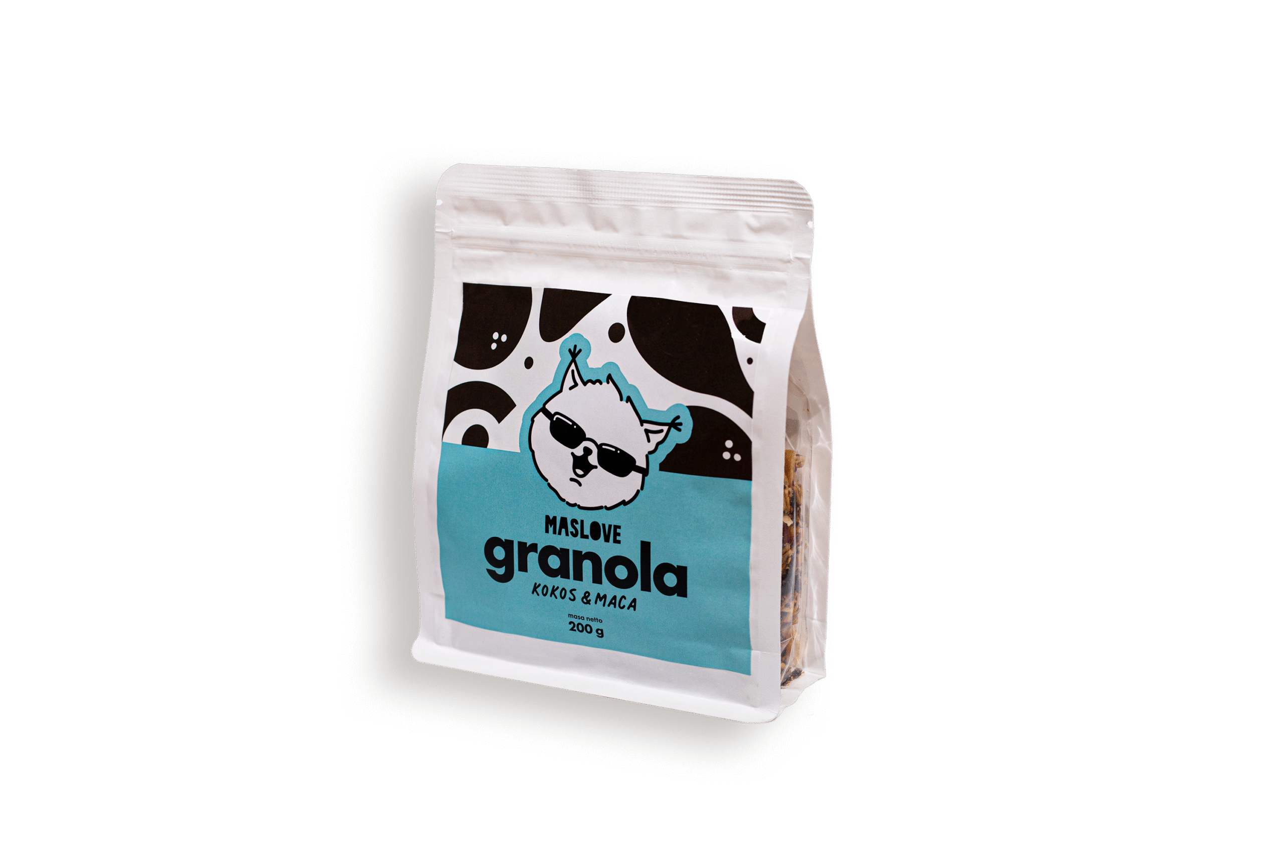 Granola 200g kokos&maca w białym opakowaniu typu doypack z okienkiem